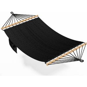 Hammock for Outside, Double Hammocks Without Stand, 2 Person, Spreader Wooden Bar, Side Storage, for Outdoor, Indoor, Patio (Black)
