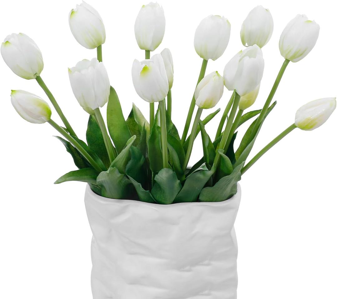 15 Pcs White Artificial Tulips Fake Flowers, Premium Latex Lifelike Texture, UV Resistant Waterproof Faux Tulip Bouquets with Snap-on Petals for Outdoor, Home, Wedding Decor