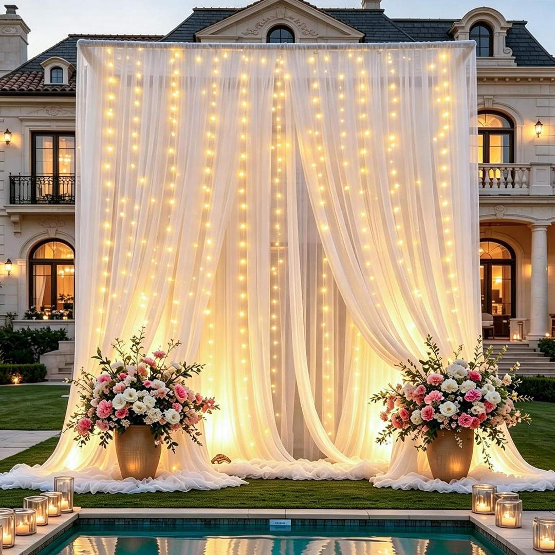 1010ft White Tulle Backdrop Curtains with Lights String for Wedding Parties Sheer Backdrop Curtain Backdrop for Engagement Bridal Baby Shower Birthday Party Home Decoration 5ft10ft, 2 Panels