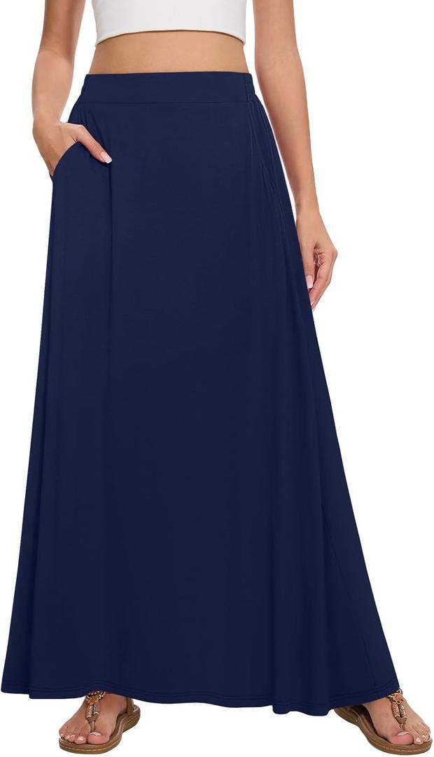 Womens Maxi A-line Long Skirt Casual 2026 Elastic High Waist Flowy Skirts with Pockets (Blue, XL)