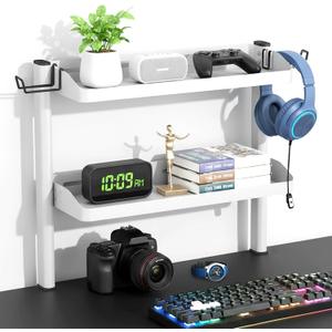 Clamp on Desk Shelf White, 2-Tier Office Desk Shelves Organizer, 17in Small Shelf for Top of Desk with Headphone Holder, Hooks, Desktop Storage Rack for Home Workspace, Study Rooms, Gaming Accessories