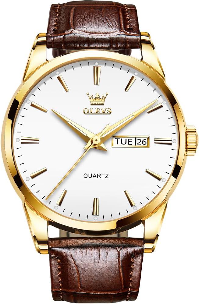 OLEVS Watch for Men Chronograph Brown Leather Analog Quartz Fashion Business Dress Large Face Men Watch Day Date Luminous Waterproof Casual Male Wrist Watch Black/Blue/White Dial