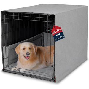 Calming Dog Crate Cover 3-Piece Set with Mat & Bumper - Heavy Duty Oxford Fabric, Waterproof Back & Chew Resistant, Wooden Buttons, Furniture Style Cover for 48 Inch Cages, Machine Washable, Gray
