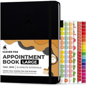 Clever Fox Appointment Book  Hourly Schedule Planner with 15-Minute Increments  Time Box Planner for Daily Work & To-Dos  Weekly & Monthly Spreads, Undated, Hardcover, 8.3x11 (Black)