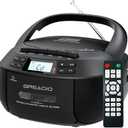 Greadio Boombox CD Player Cassette Player Combo, Boom Box Portable CD Players for Home with Bluetooth, Support AM FM Radio/Remote Control/AUX/USB/Earphone, AC/Battery Operated, LCD Display (Black)