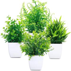 GREENTIME 4 Pcs Fake Plants Potted Small Artificial Plant Indoor Faux Greenery in White Pot for Home Office Bedroom Desk Bathroom Shelf Farmhouse Decorations