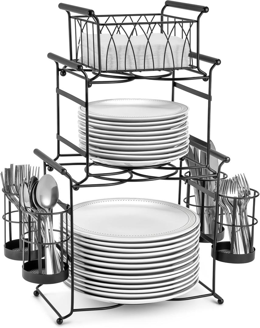 Sorbus Buffet Caddy  7-Piece Stackable Set Includes Plate, Napkin, and Silverware Holder, 3-Tier Detachable Tabletop Organizer  Ideal for Kitchen, Dining, Entertaining, Parties,Thanksgiving (Black)