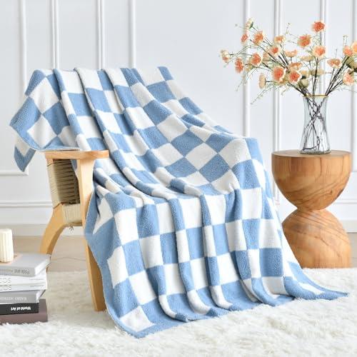 Checkered Blanket, Cozy Soft Throw Blankets for Couch Bed, Fluffy Plaid Lightweight Comfy Travel Picnic Blanket Gifts for Sofa Chair Living Room Camping (Blue, Throw 50"x60")