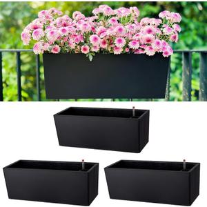 LaLaGreen Deck Railing Planters (3 Pack, 14 Inch) Black Rectangular Window Flower Box with Bracket, Self Watering System Hanging Planter Boxes for Outdoor Plant Pots Container Rail Fence Balcony Herb