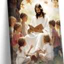 Jesus With Children Canvas Wall Art Jesus Teaching Children Wall Decor Pictures God Poster Print for Living Room Bedroom Church Decorations, 12X16in