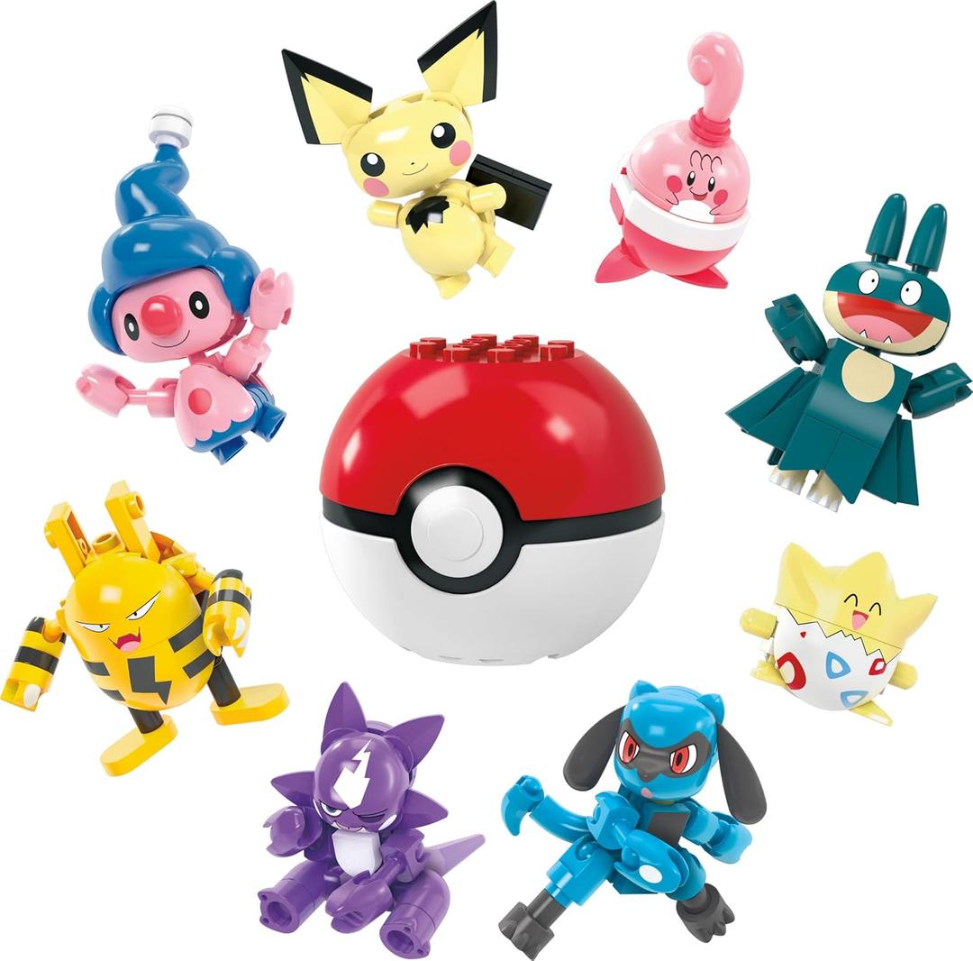 MEGA Pokemon Action Figure Building Toys, Trainer 8 Pack with 189 Pieces, Togepi Pichu Happiny Munchlax Riolet Toxel Elekix and Mime Jr, for Kids 