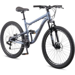 Mongoose Status Mountain Bike, 26 Inch Bike for Men and Women, 21 Speed, Aluminum Suspension Frame, Steel Rear Triangle, Suspension Fork, Knobby Mountain Tires, Mechanical Disc Brakes, Adult Bicycle (Slate Blue)