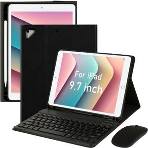For iPad Pro 9.7 inch Case with Keyboard and Mouse for iPad 2018 (6th Gen)/ 2017 (5th Gen), 2016 iPad Pro/Air 2/1 Keyboard Case with Mouse, Bluetooth Wireless Keyboard Cover with Pencil Holder, Black