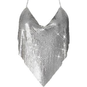 Womens Sexy Sparkly Chain Top Metallic Sequin Rhinestone Halter Backless Crop Outfit Party Club Tank Shirt(Sliver/Gold)