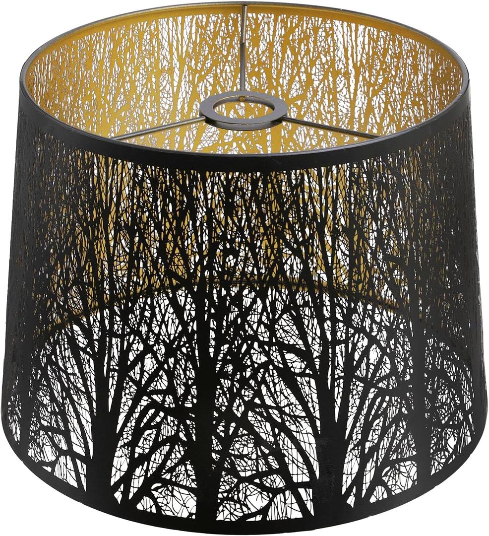 ALUCSET Large Drum Lamp Shade for Table Lamps, 12" Top x14" Bottom x 10" High, Metal Lampshade Black and Gold Replacement for Floor Lamps and Bedside Lamp, Etched Forest UNO Fitter