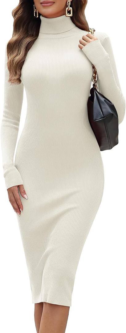 ninovino Women's Turtleneck Ribbed Knit Long Sleeve Slim Fit Sweater Dress (Medium, Ivory White-141)