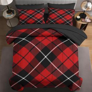 Comforter Set Full Size 7Pcs for Kids and Adults, Plaid Vintage Retro Geometric, Bedding Decor Rustic Checkered New White Bedroom Decoration with Bed Flat Fitted Sheet Pillowcases (Multi Hb3042)