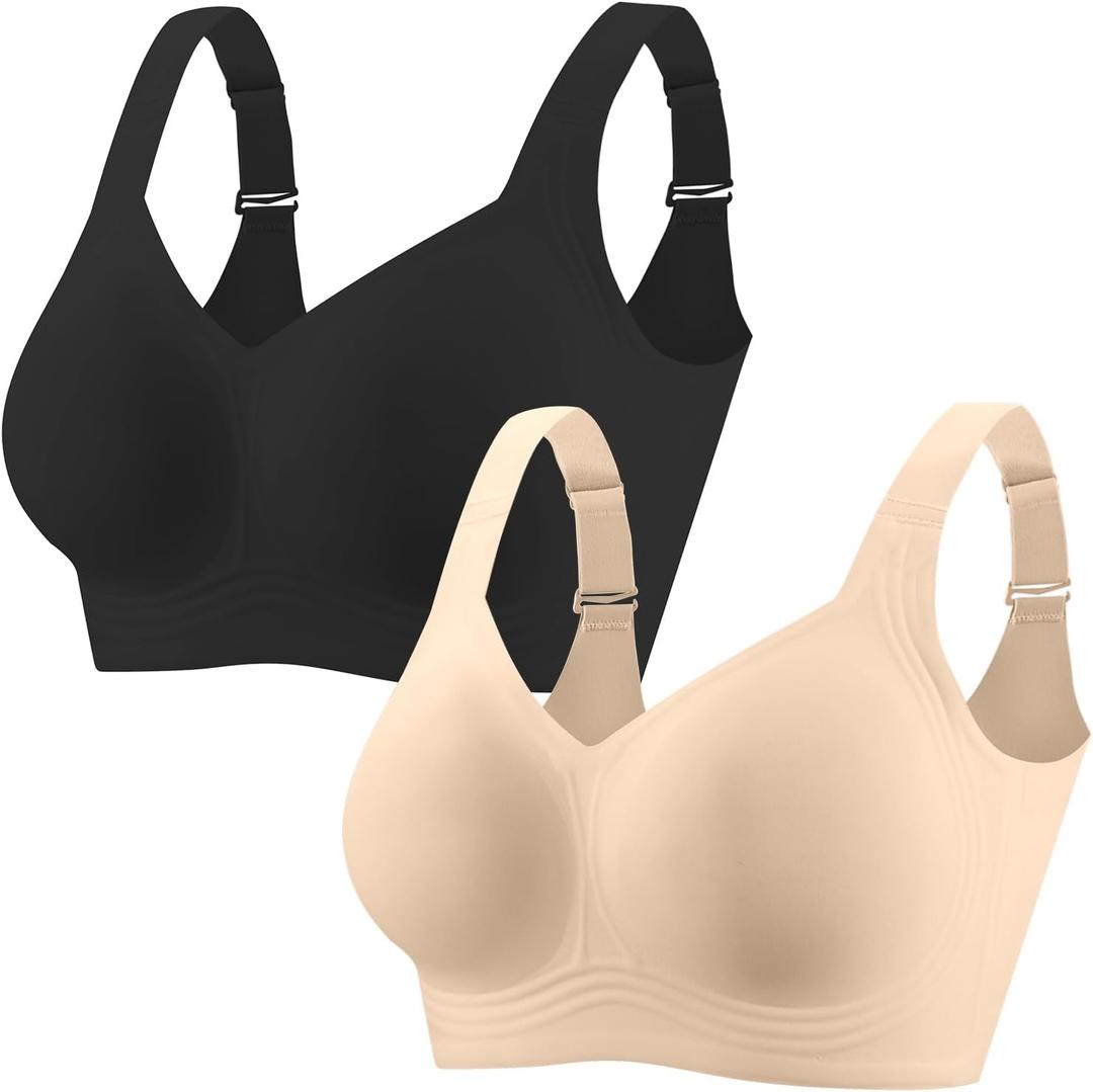 PoseFree Womens Seamless Wireless Supportive Bra Push Up Comfort Soft No Underwire Full Coverage T-Shirt Bra (4X-Large, Nude+black)