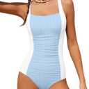 Girls Swimsuit One Piece Swimsuits Ribbed Bathing Suit for Girls Color Block Ruched Adjustable Strap Pad Swimwear 11-12Y