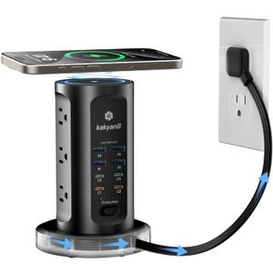 Kakyanill 115W USB Charging Station, Surge Protector Power Strip Tower, 9 AC Outlets with 8 USB Ports(4 USB-C), 6Ft Flat Plug Retractable Extension Cord, for Home Office Dorm, Black