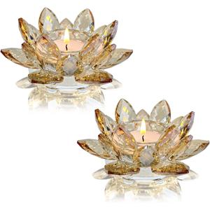 Crystal Lotus Flower Tealight Candle Holders/Glass Tea Light Candlestick Decor Decoration for Christmas Home Wedding Party (1, Gold 2pcs)