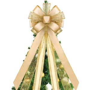 DIYDEC Christmas Tree Topper, 43x13 Inches Large Champagne Christmas Toppers Bows Glitter Satin Mesh Tree Bow for Xmas Ornaments Party Holiday Home Wedding Decoration