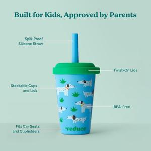 REDUCE GoGo's Kids Portable Tumbler Cups with Lids and Spill-Proof Straws -1 Pack of Stackable 12 oz Tumblers with Twist-On Lids - Easy Storage, Dishwasher Safe - Scavenger Boy Set