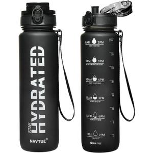 Water Bottle, 32 oz Sports Water Bottles with Time Marker Wide Mouth, Motivational and Leakproof Drink Bottle, BPA Free Tritan with Carry Strap for Gym Fitness Outdoor(Direct Drink) (Grey&Black)