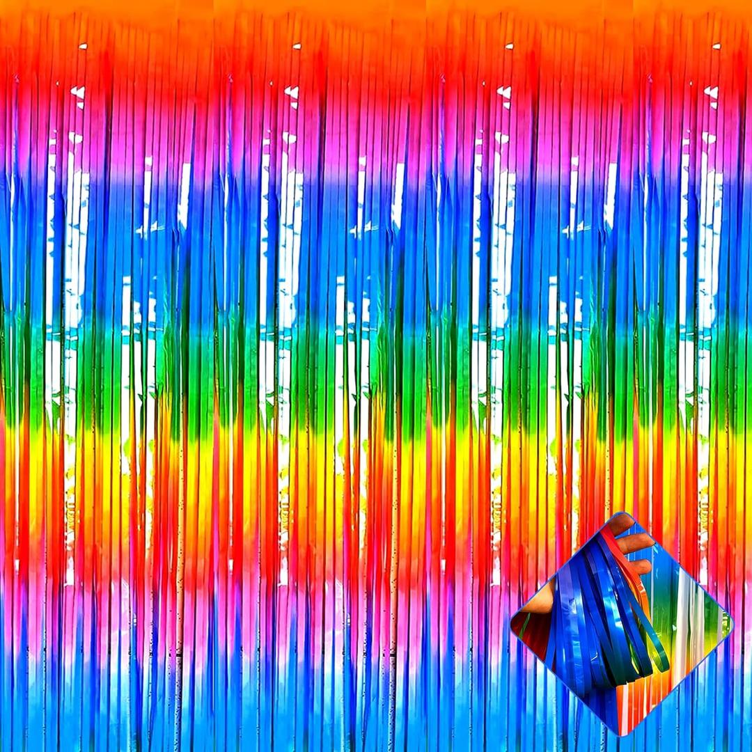 4 Pack 3.2Ft x 8.2Ft Rainbow Foil Fringe Curtain Backdrop, Metallic Tinsel Foil Fringe Streamers Curtains Background for Photo Booth, Birthday, Wedding, Disco, Bachelorette, Christmas Party Decoration (Macaron Dark Rainbow)