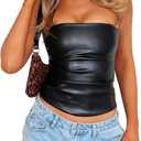 OZICERD Faux Leather Tube Top Strapless Going Out Tops for Women Sexy Club Tops Rave Concert Outfit Ruched Bandeau Crop Top (Medium, Black)