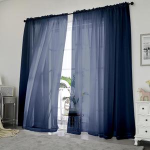 OWENIE Blue Sheer Curtains, Sheer Curtains 84 inch Length 2 Panels Set, Rod Pocket Voile Fimly Sheer Drapes for Living Room/Bedroom, 2pcs, Each 42" W x 84" L, Navy Blue