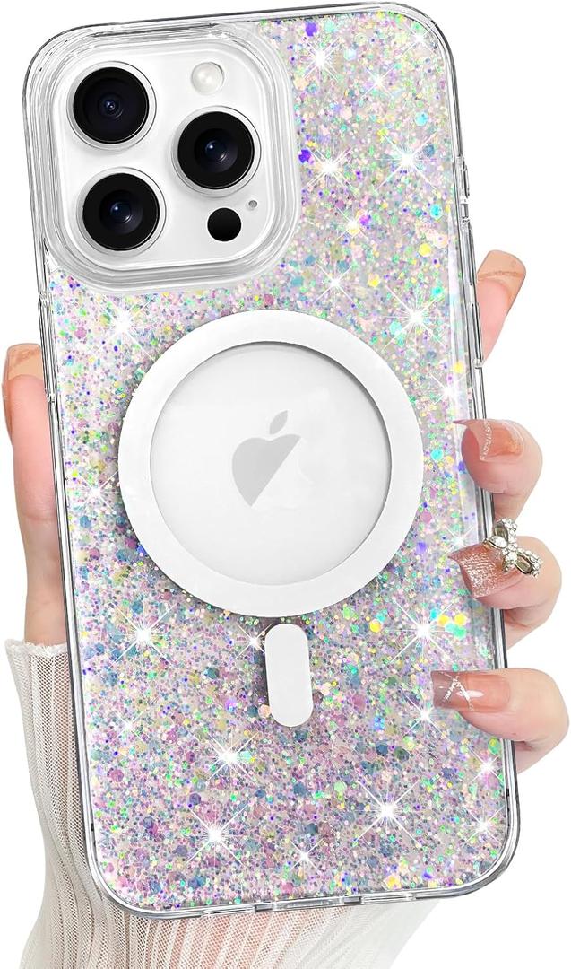 Bonoma for iPhone 14 Pro Case Sparkly Glitter Bling Back, Magnetic Support for MagSafe Shockproof, Crystal and Clear High-Duty Protection for Girls Women-Sparkly Glitter