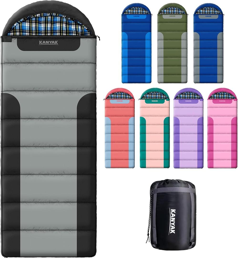 Cotton Flannel Lined Sleeping Bag for Adults Teens Kids, Cold Weather &Warm, 3 Seasons, Lightweight Compact Camping Essentials Equipment, Hiking, Outdoor, Travel, Single
