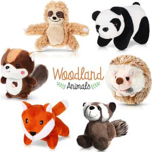 6 Pcs Mini Woodland Stuffed Animal Bulk 4 Inch Small Cute Forest Safari Plush Toys Gifts Panda Raccoon Sloth Big Tail Squirrel Fox Hedgehog for Kids Baby Shower Birthday Party Favors Classroom Prizes
