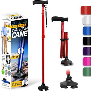 Walking Cane for Women & Men - Self Standing Adjustable Folding Cane with T Handle and 360 Pivot Base - Lightweight Foldable Walking Stick for Seniors - Collapsible Cane for Walking