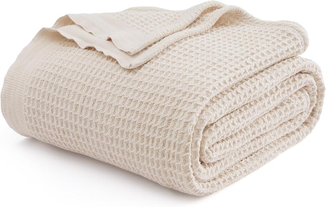 Bedsure 100% Cotton Blanket Twin XL Size for College Dorm - Breathable and Soft, Waffle Weave Twin Blanket for Summer, Dorm Room Essentials, Khaki (a Little Bit Yellow), 66x90 inches