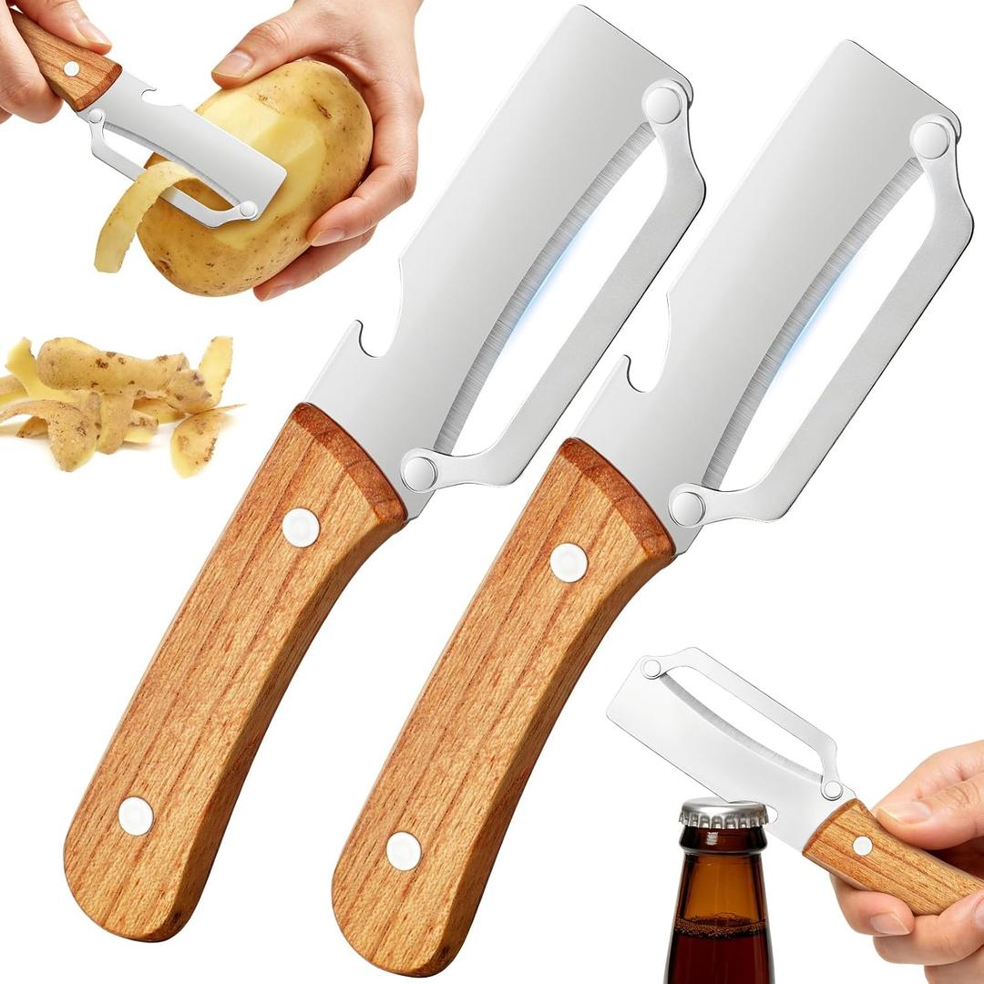 Multi-Functional Vegetable Peeler for Kitchen, 2-in-1 Stainless Steel Kitchen Tool with Bottle Opener and Wooden Handle Stainless Steel Blade for Fruit Apple Carrot Papaya Potato Pumpkin (2PCS)