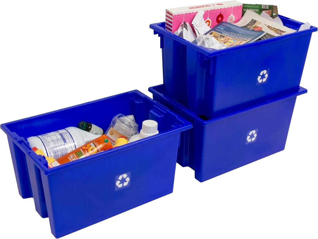 3-Pack Commercial Industrial Heavy Duty Stackable Large Capacity Recycling Bin Box Containers, 13 Gallon 23-1/2-Inch x 15-1/2-Inch x 12-Inch, Blue