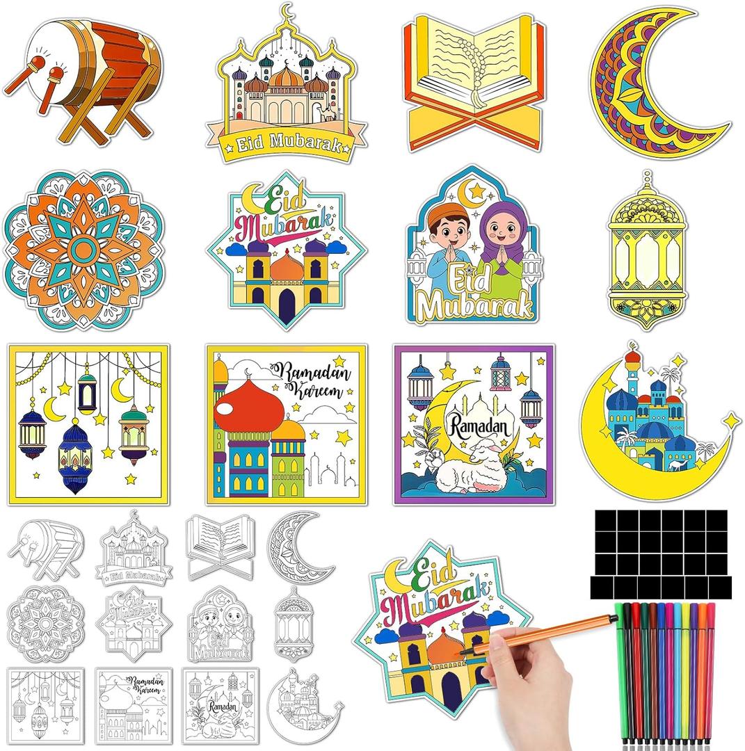 24 PCS Ramadan Crafts Fridge Magnet Kit, Color Your Own Eid DIY Fridge Magnet Include 24 Magnet Paint Pens Eid Mubarak Gifts for Kids Party Supplies Home School Activities