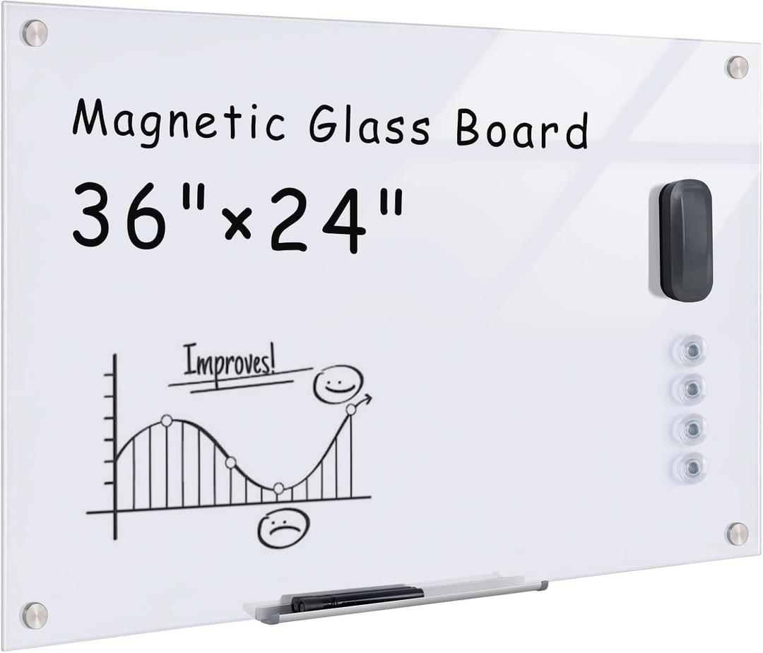 Mifuro Magnetic Glass Whiteboard，36"x24" Wall Mounted Frameless Dry Erase Board for Office, Home & School Ultra White