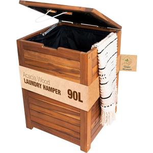 Wooden Laundry Hamper With Lid, Handles And Removable Liner Bag, Tall 90L - Large Wood Laundry Basket - Dirty Clothes Hamper For Bed Room Aesthetic, Bathroom, Laundry Room