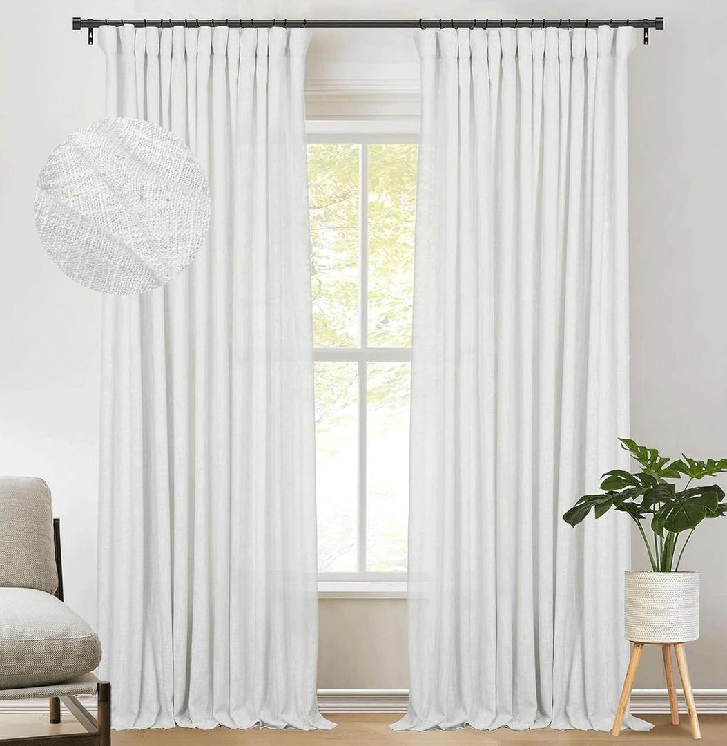 zeerobee Linen Curtains for Living Room/Bedroom 96 Inches Long 2 Panels Set, Light Filtering Linen Drapes, Textured Natural Light Reducing Privacy Curtains, W50 x L96, White