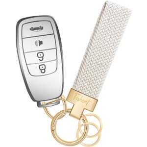Fishent Stretchy Car Keychain, Nylon Braided Cool Key Chain for Women Men, Universal Key Fob Holder with 3 Keyrings, Anti-Lost D-Ring, Car Accessories, Starlight