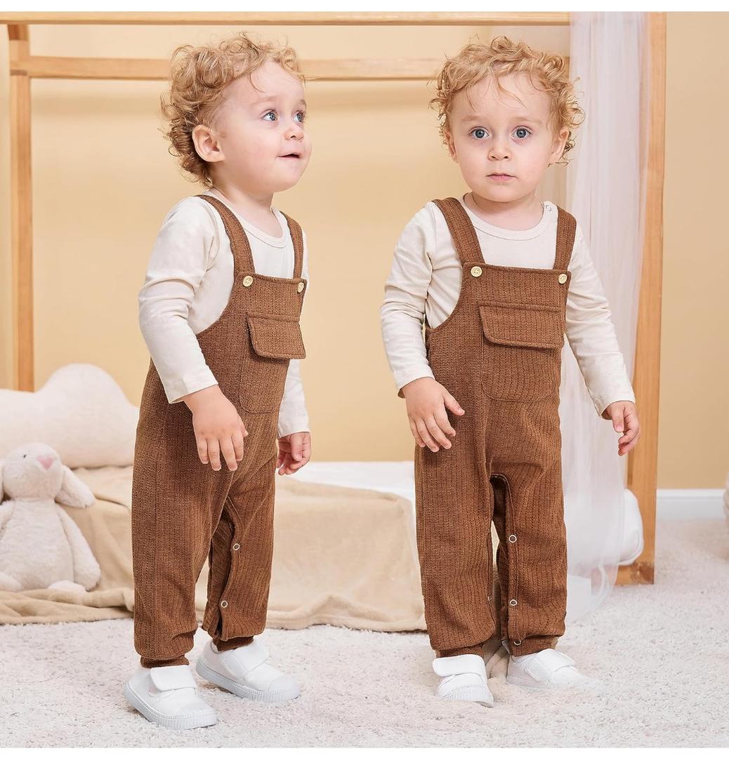 CARETOO Newborn Baby Boy Clothes Infant Boy Romper Fall Winter Outfits Bodysuit 2Pcs Striped Long Sleeve Top Overalls 0-3M