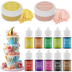 2 x Luster Dust 2 Color & Food Dye Coloring 10 Color Set, Edible Food Coloring Liquid and Shimmer Cake Dust Metallic Food Coloring Powder Glitter for Cake Decorating Baking Fondant Gumpaste Drinks Cookie