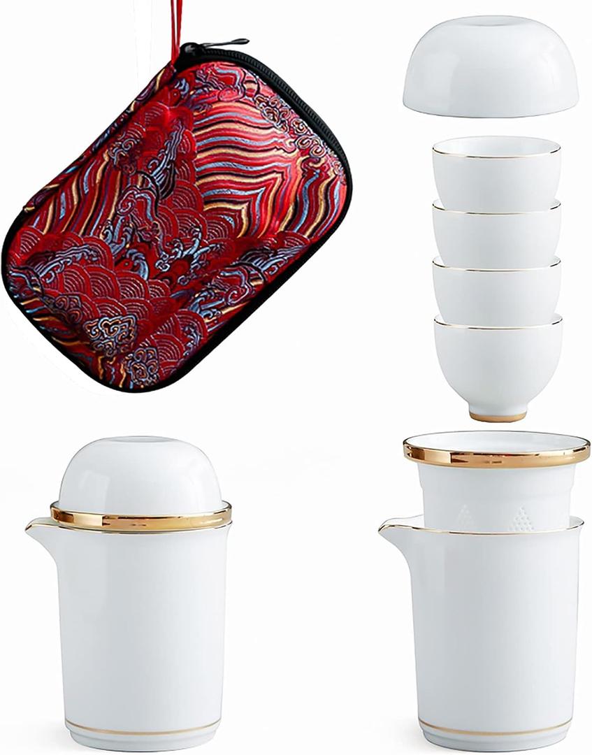 Portable Ceramic Tea Cup Set: Porcelain Teapot Set with Tea Strainer - Lids and 4 Teacups - 1 Shockproof Storage Case - Suitable for Outdoor Travel - Picnic - Office Work - Home - White