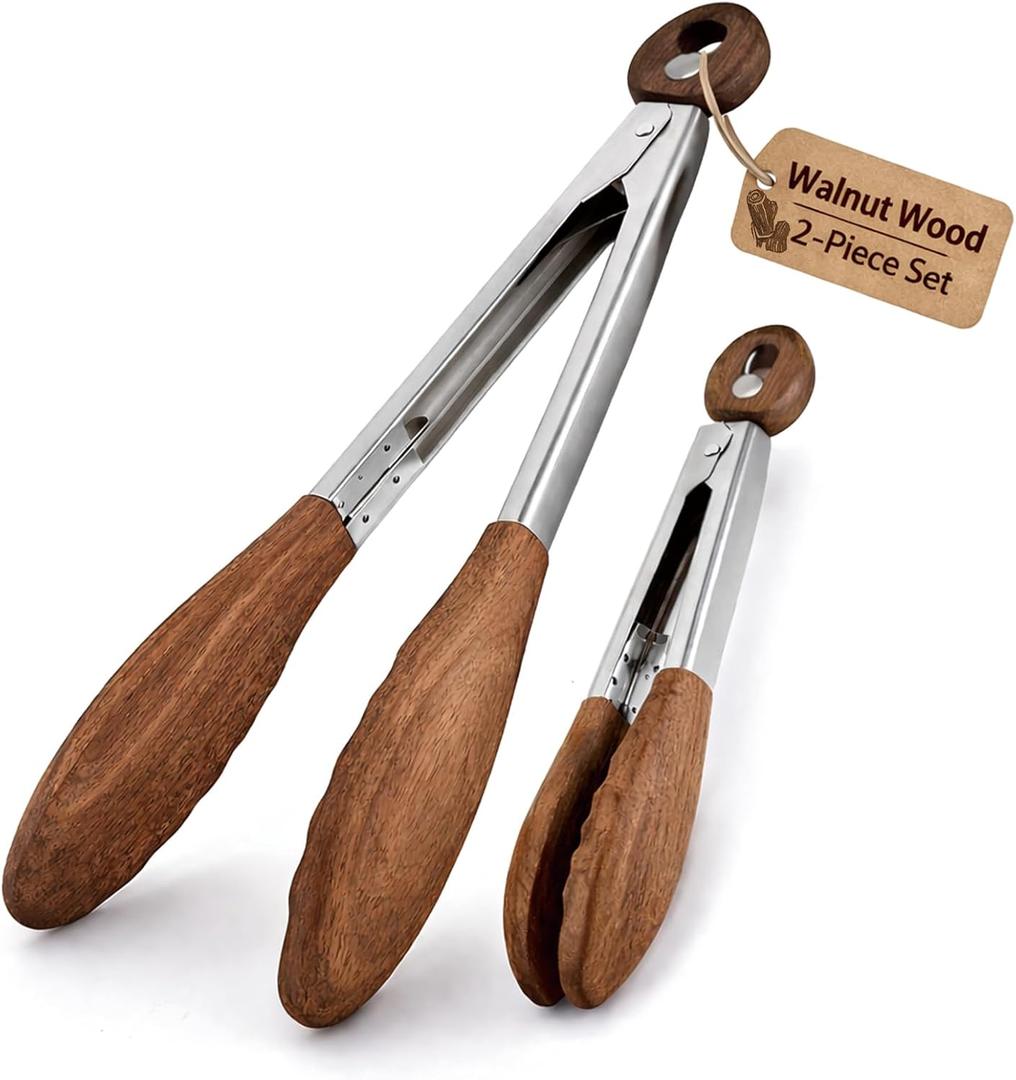 Bakpoco 10 & 13 Inch Wooden Tongs for Cooking, Kitchen Stainless Steel Salad Tongs with Walnut Wood Tip, Serving Food Toaster Bread Non Toxic Grill Tong, Smooth Locking & Hanging Cooking Utensils Set, 2 Pack