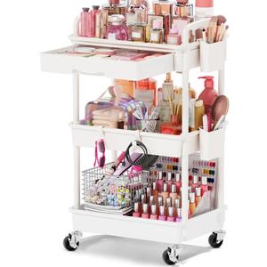 Goovilla Rolling Makeup Organizer Cart with Removable Drawer, 3 Tier Stable White Floor Skincare Storage Cart for Vanity, Cosmetic Display, Nail Polish, Perfume, Hair Stuff, Beauty, Bathroom(Plastic)