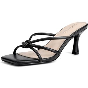 Kitten Strappy Heels for Women Knotted Square Open Toe Slip On Mule Heels Mid Heeled Sandals (9.5, Black)