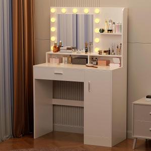 White Vanity Desk with Mirror and Lights Makeup Vanity with Drawers & Cabinet, 3 Lighting Modes & 10 Brightness Levels,Vanity for Bedroom & Dressing Room (White)
